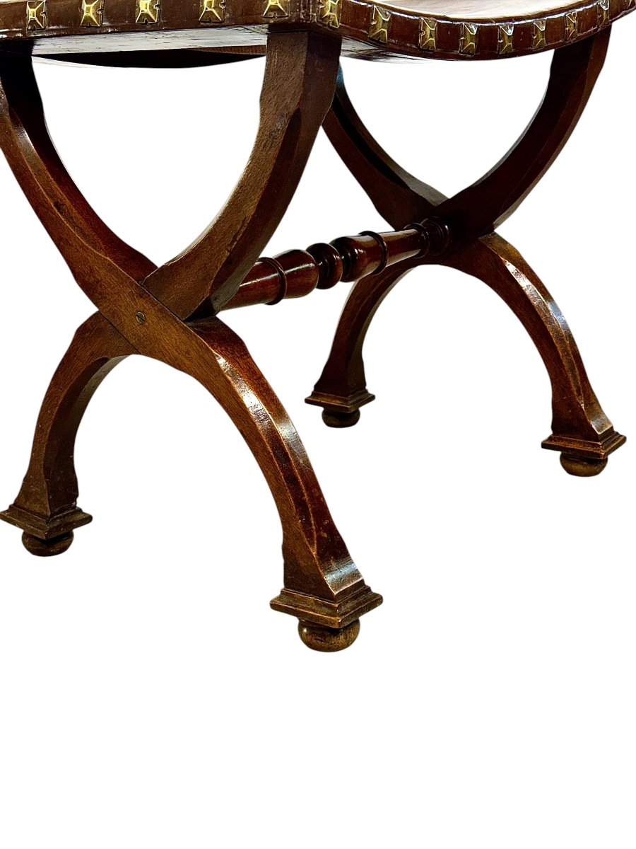 French Renaissance Revival Curule Stool In Beech Wood And Leather, Circa 1890-photo-5