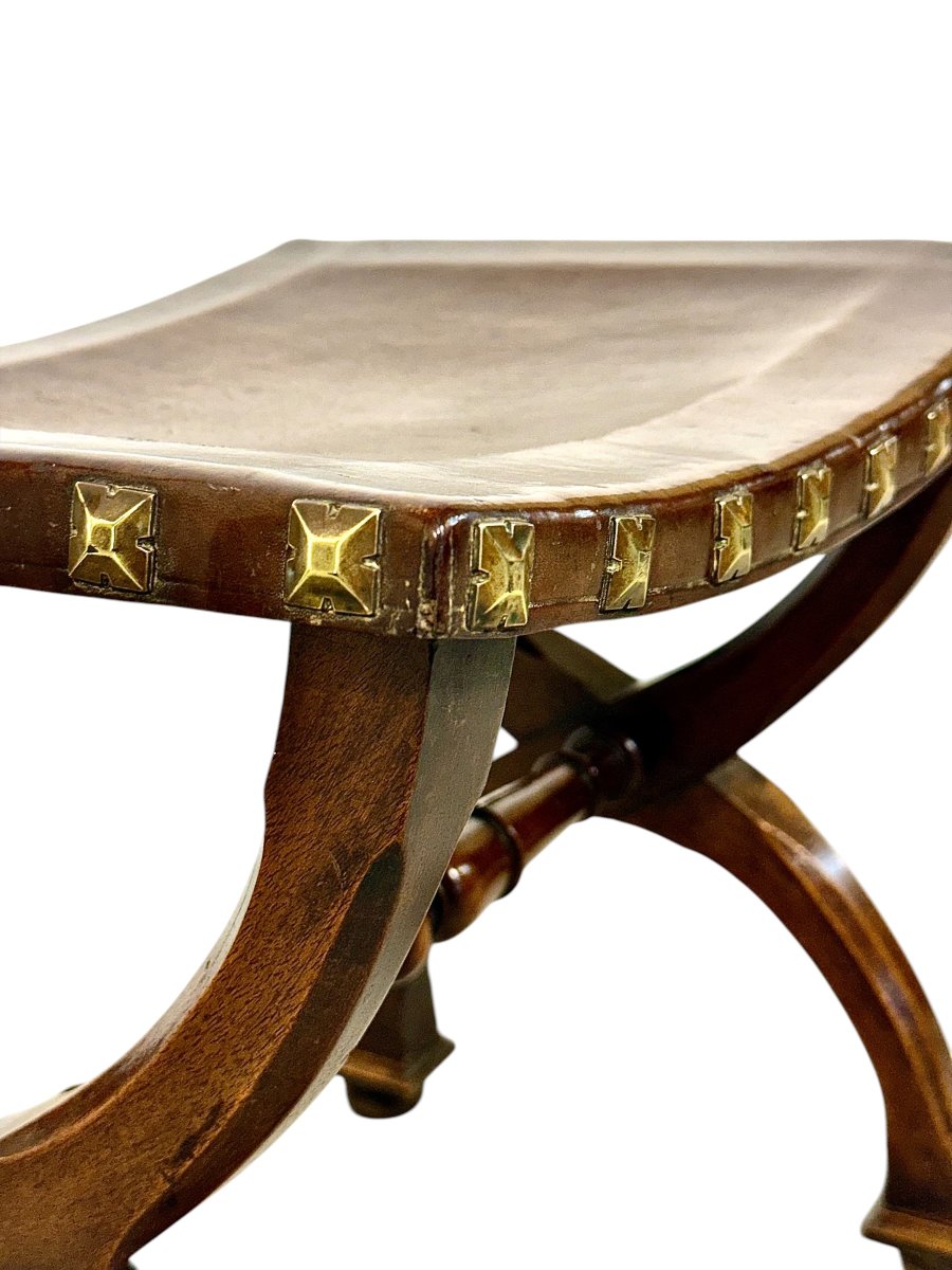 French Renaissance Revival Curule Stool In Beech Wood And Leather, Circa 1890-photo-6