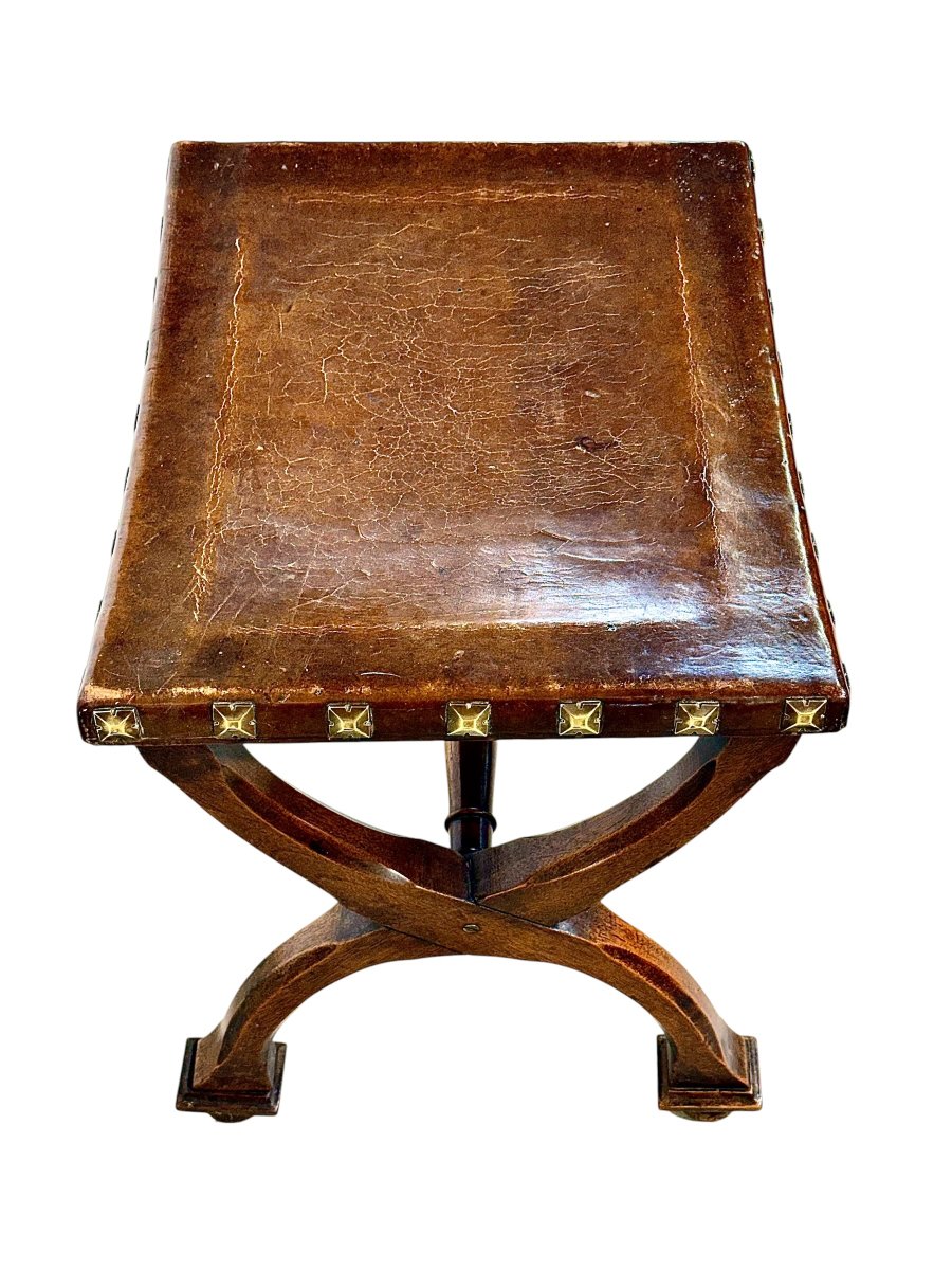 French Renaissance Revival Curule Stool In Beech Wood And Leather, Circa 1890-photo-8