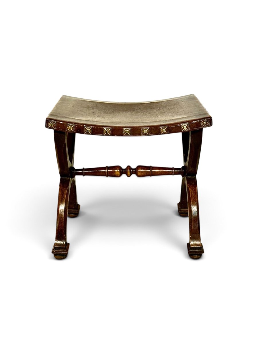 French Renaissance Revival Curule Stool In Beech Wood And Leather, Circa 1890