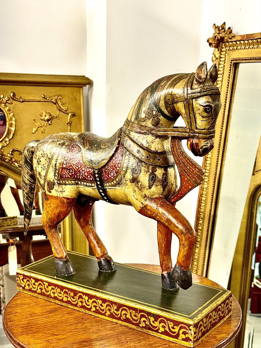 Indian Polychrome And Gilt Carved Wooden Ceremonial Horse, Circa 1950-photo-2
