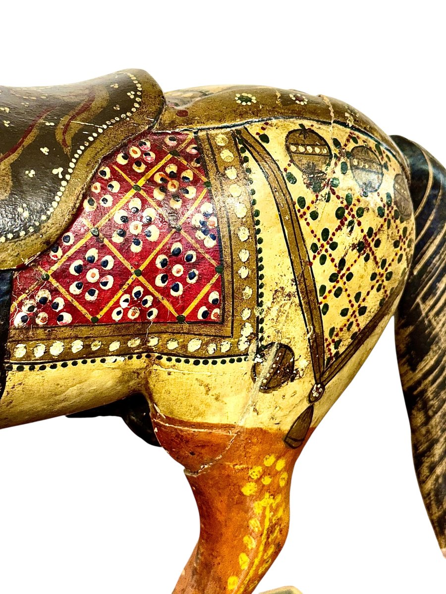 Indian Polychrome And Gilt Carved Wooden Ceremonial Horse, Circa 1950-photo-1