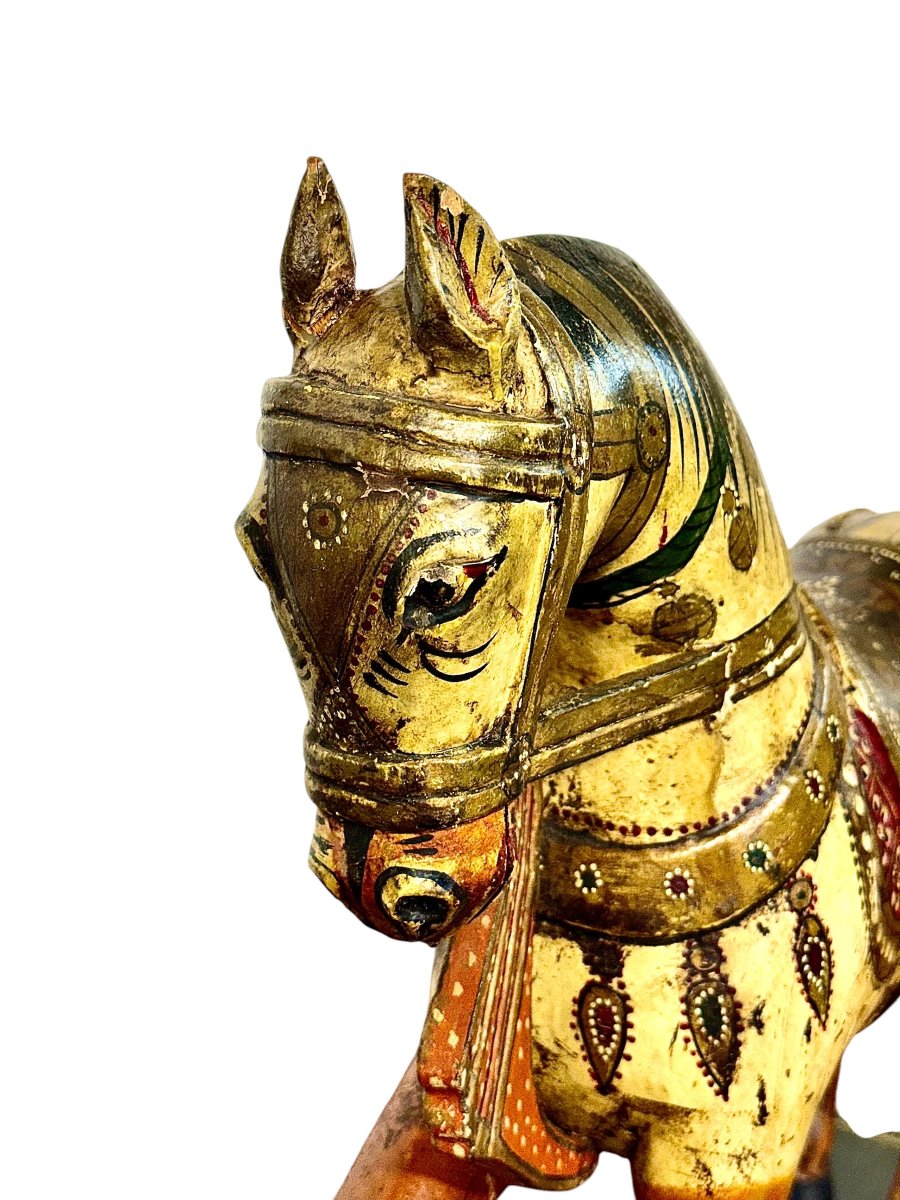 Indian Polychrome And Gilt Carved Wooden Ceremonial Horse, Circa 1950-photo-2