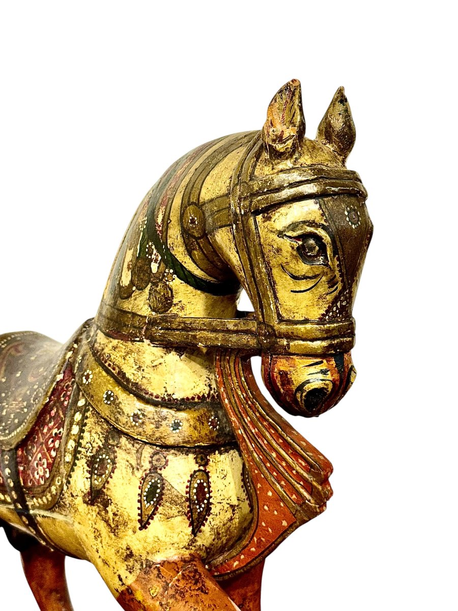 Indian Polychrome And Gilt Carved Wooden Ceremonial Horse, Circa 1950-photo-6
