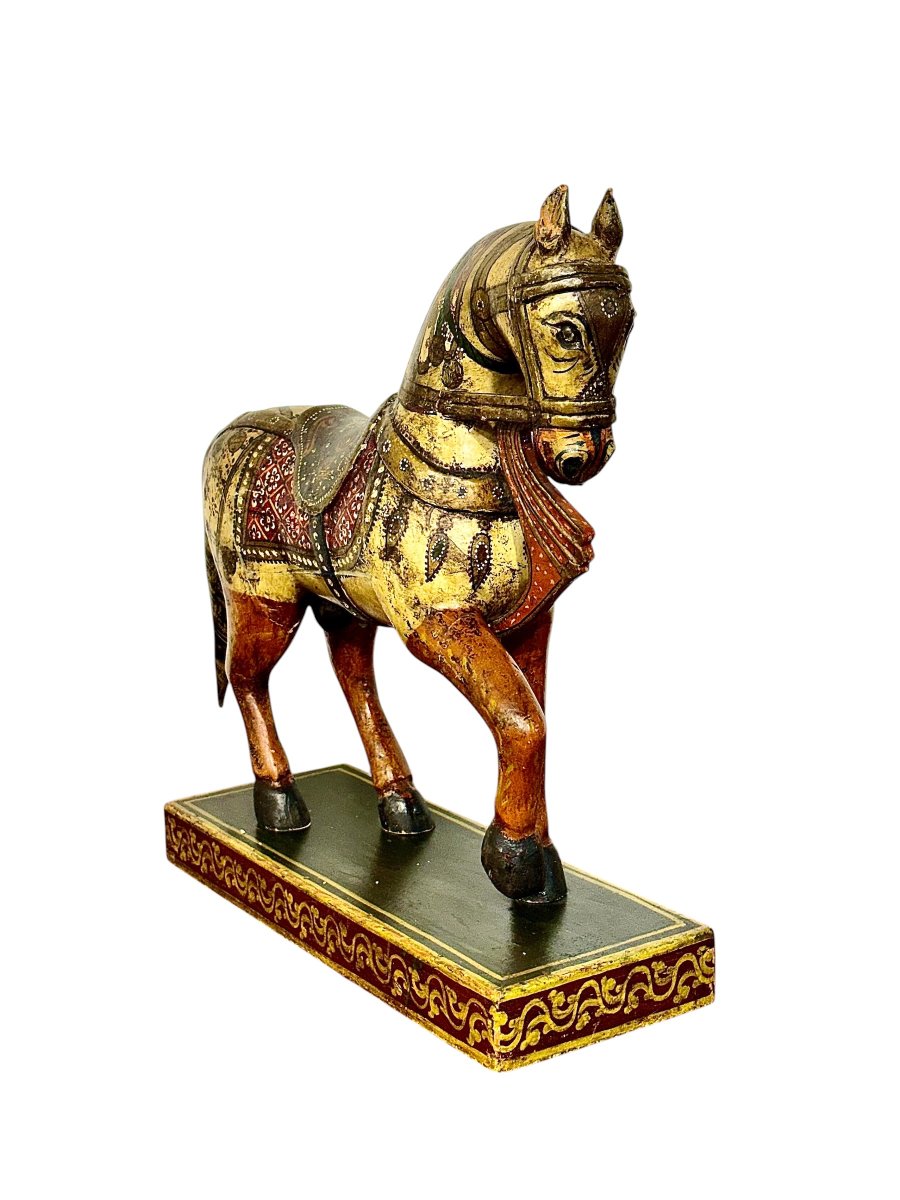 Indian Polychrome And Gilt Carved Wooden Ceremonial Horse, Circa 1950-photo-7