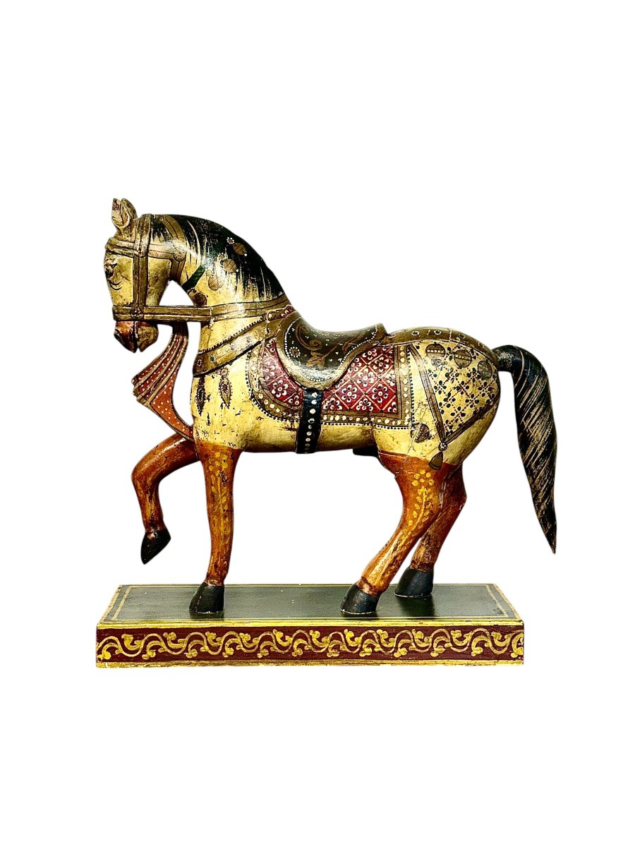 Indian Polychrome And Gilt Carved Wooden Ceremonial Horse, Circa 1950
