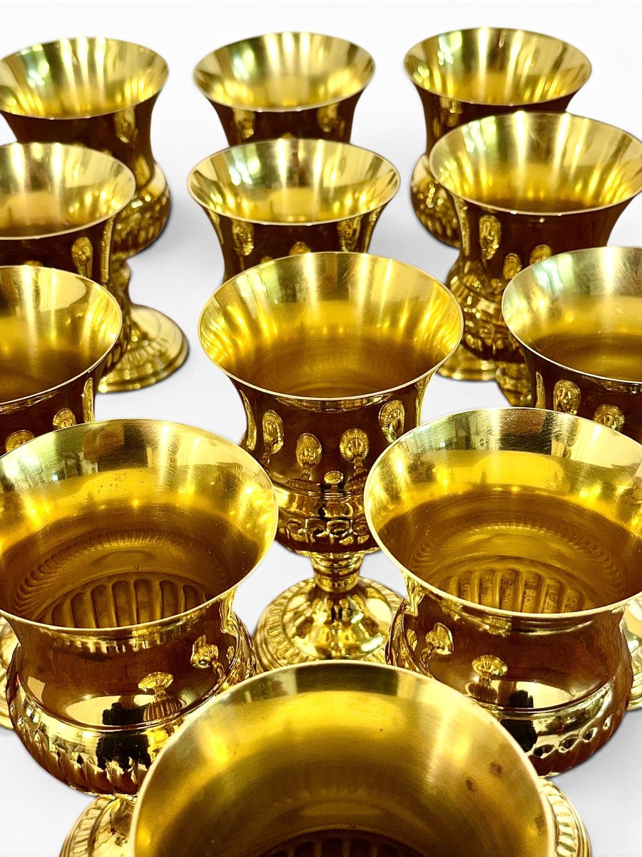 Service de 12 verres sur pied en argent sur cuivre doré, vers 1960-photo-4