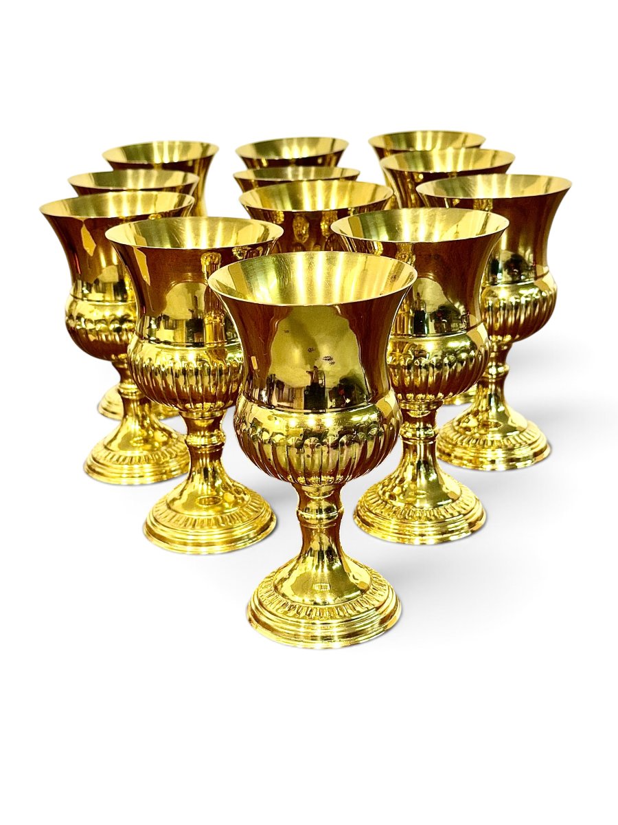 Service de 12 verres sur pied en argent sur cuivre doré, vers 1960-photo-1