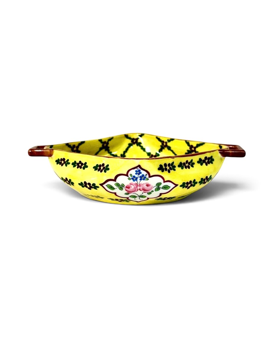 Vide-poches en porcelaine à motifs floraux jaunes et anses, XIXe siècle (vers 1890)-photo-3