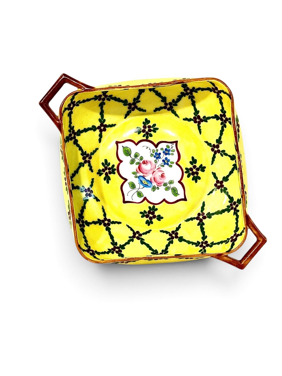 Vide-poches en porcelaine à motifs floraux jaunes et anses, XIXe siècle (vers 1890)-photo-4