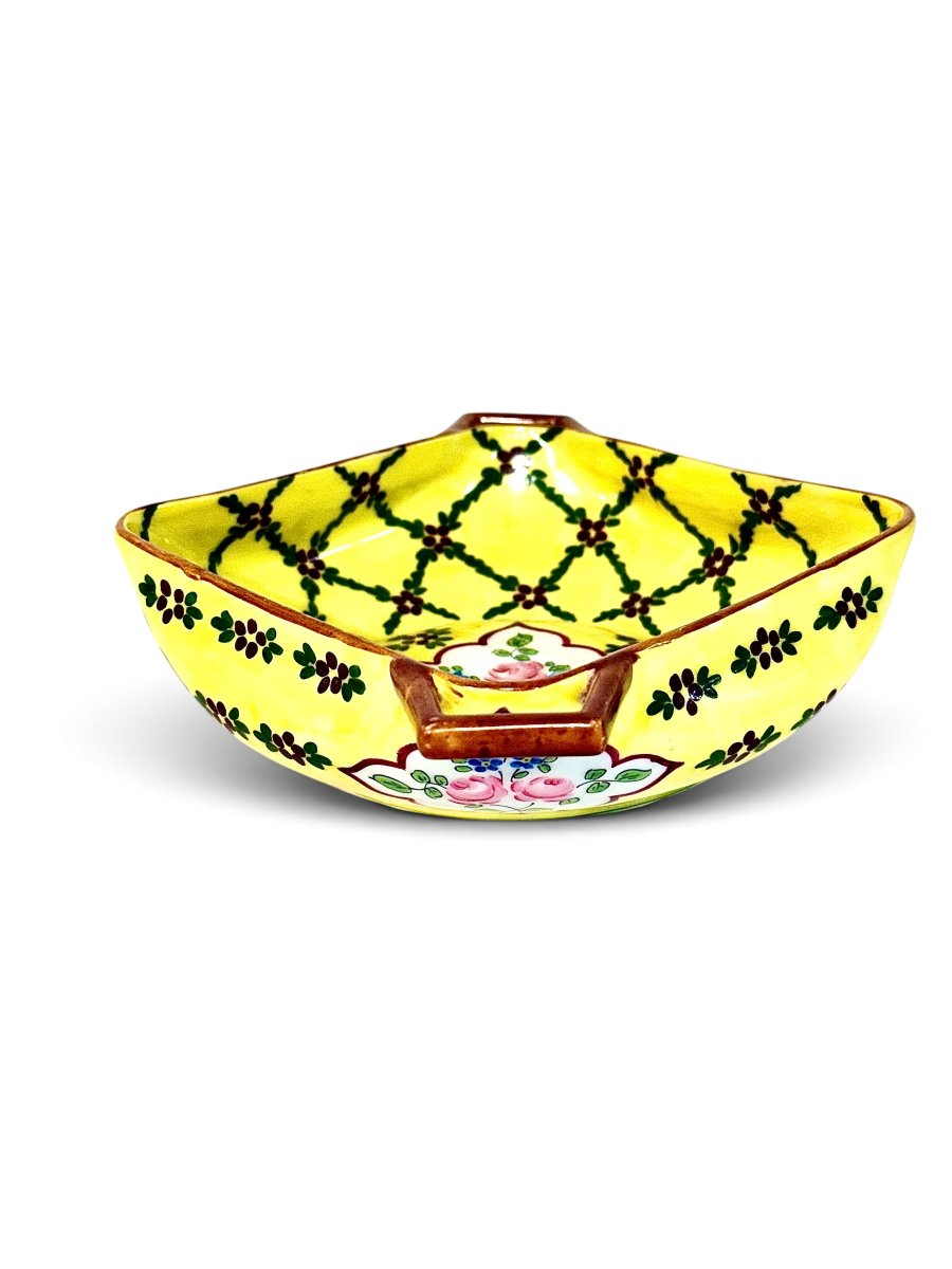 Vide-poches en porcelaine à motifs floraux jaunes et anses, XIXe siècle (vers 1890)-photo-2