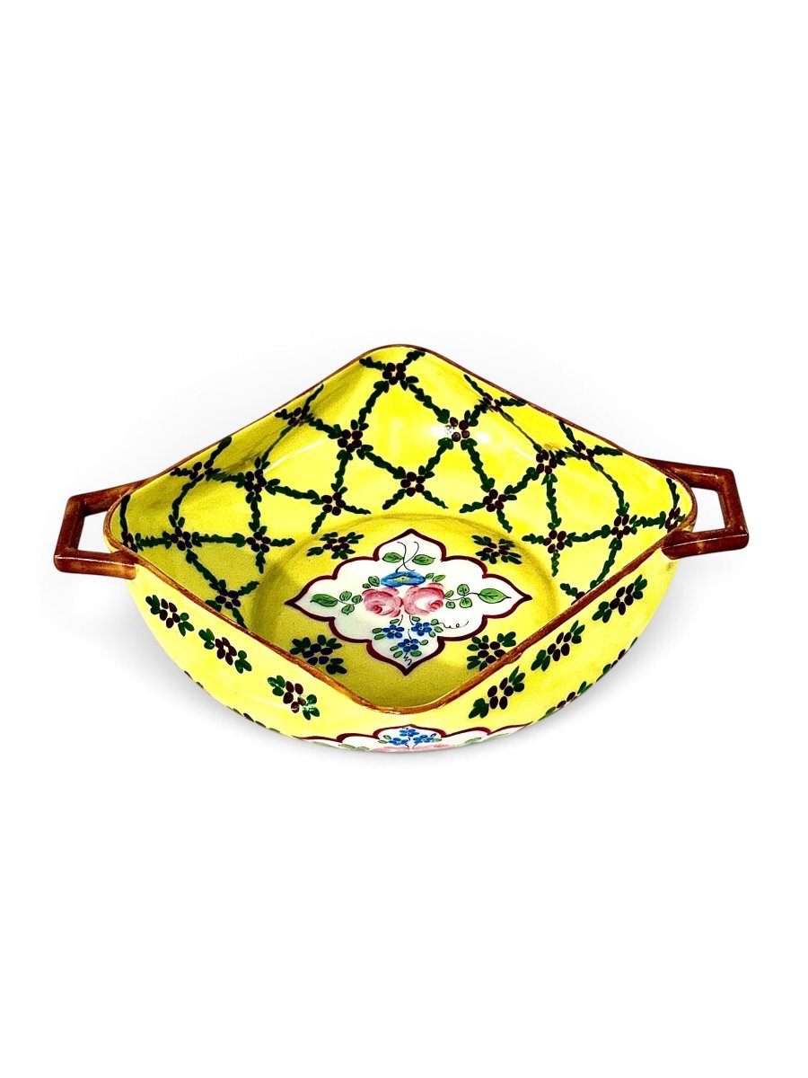 Vide-poches en porcelaine à motifs floraux jaunes et anses, XIXe siècle (vers 1890)-photo-3