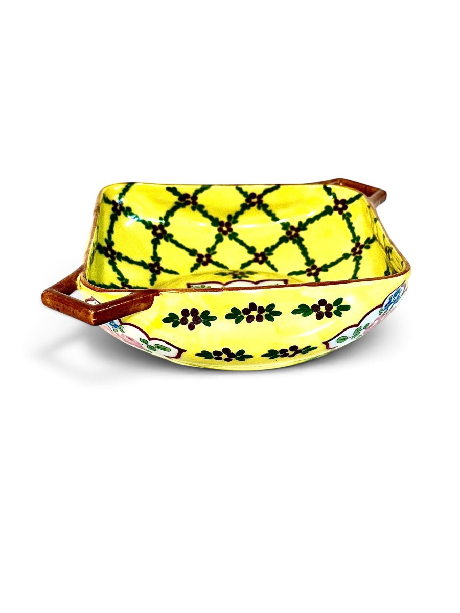 Vide-poches en porcelaine à motifs floraux jaunes et anses, XIXe siècle (vers 1890)-photo-4