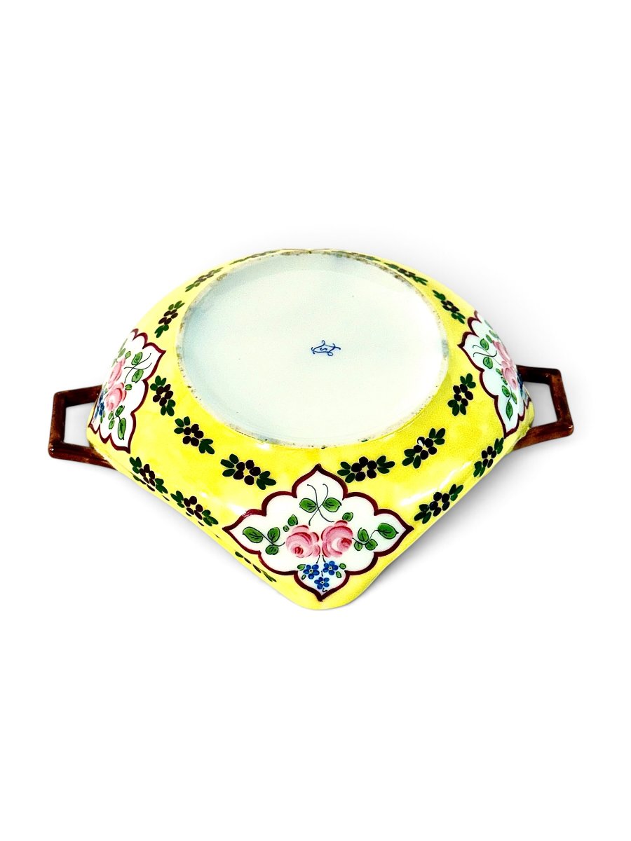 Vide-poches en porcelaine à motifs floraux jaunes et anses, XIXe siècle (vers 1890)-photo-6