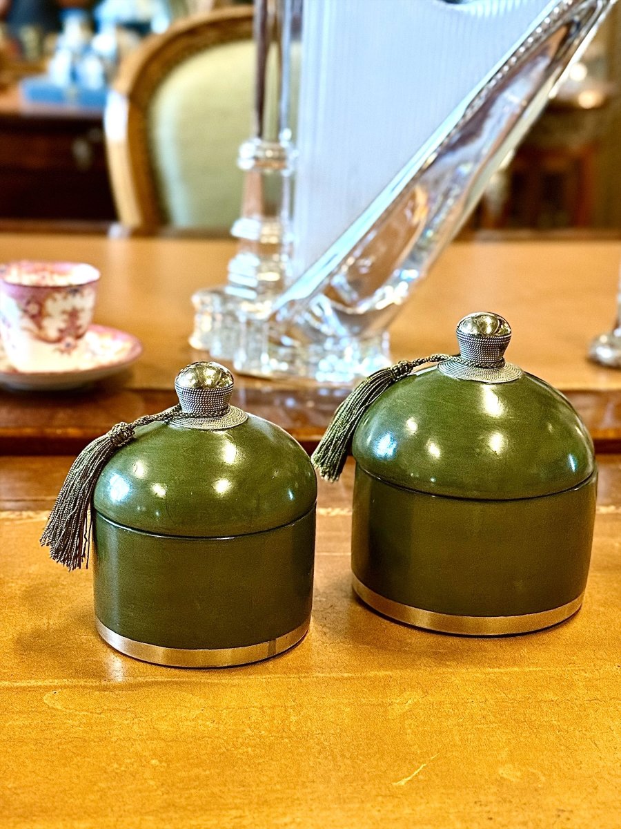 Pair Of Handcrafted Olive Green Ceramic Lidded Boxes, 20th Century-photo-2