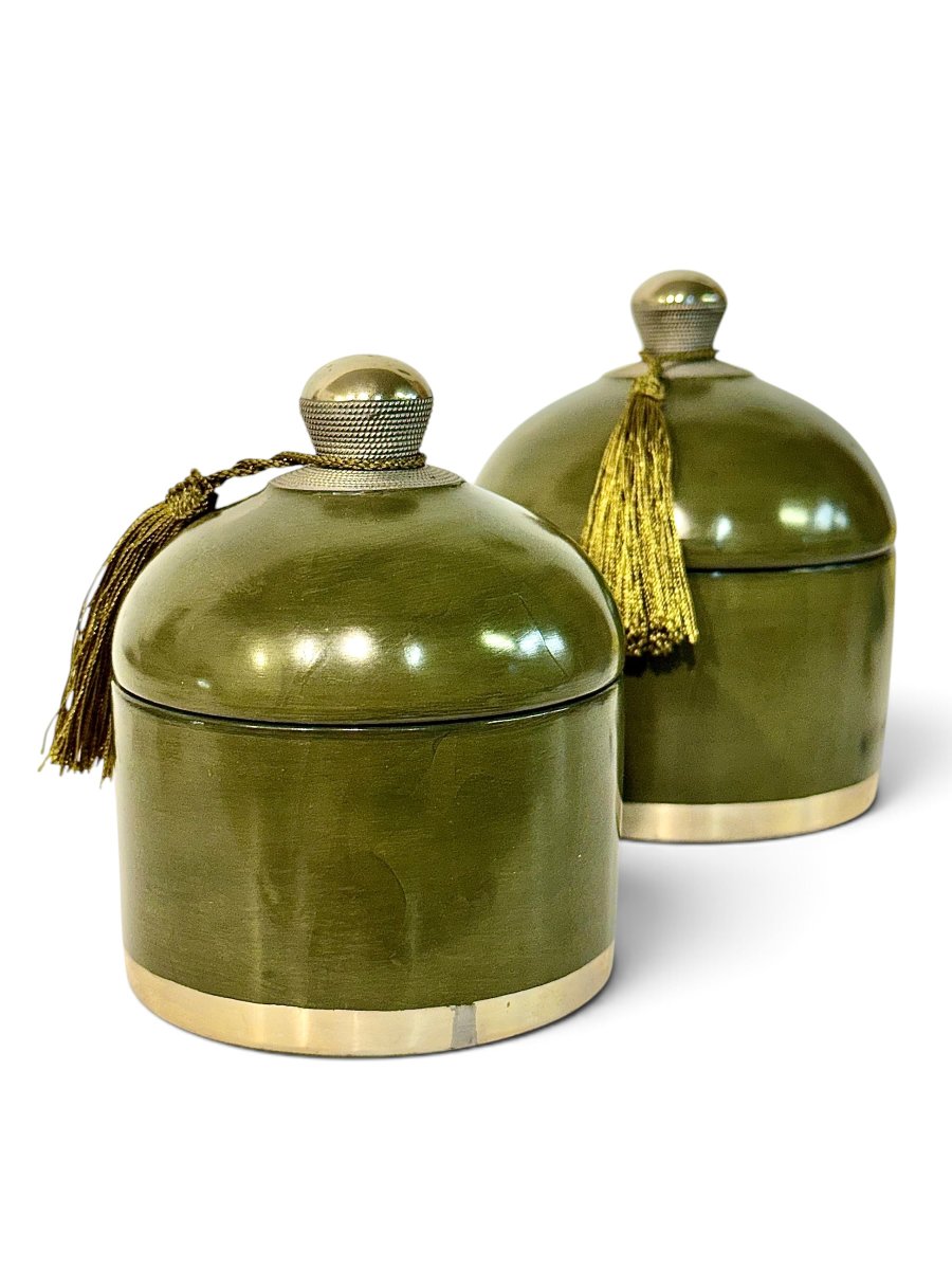 Pair Of Handcrafted Olive Green Ceramic Lidded Boxes, 20th Century-photo-3