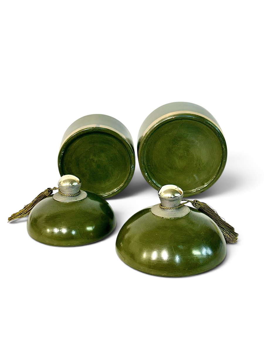 Pair Of Handcrafted Olive Green Ceramic Lidded Boxes, 20th Century-photo-4