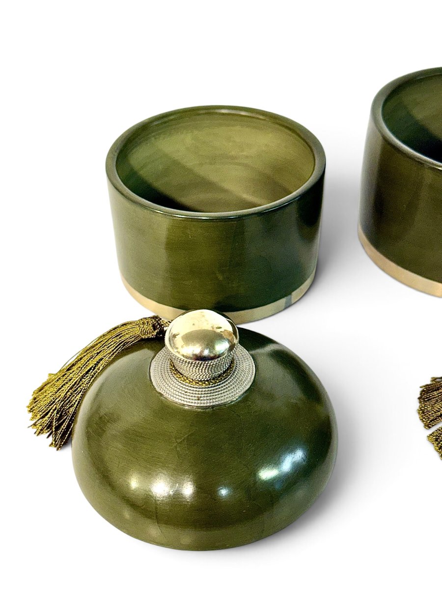 Pair Of Handcrafted Olive Green Ceramic Lidded Boxes, 20th Century-photo-1