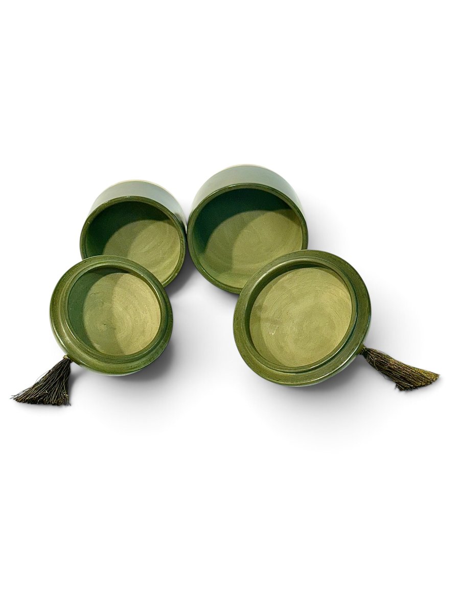 Pair Of Handcrafted Olive Green Ceramic Lidded Boxes, 20th Century-photo-2