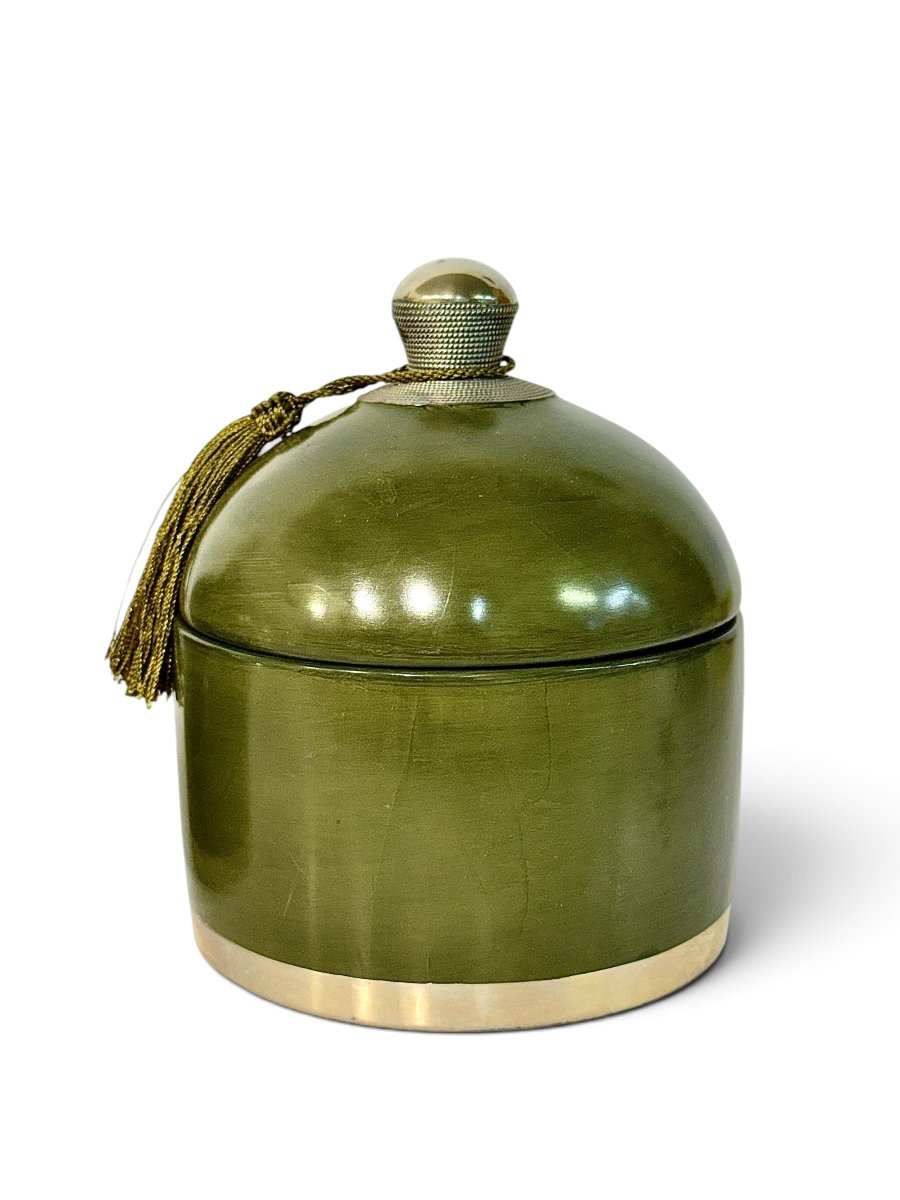 Pair Of Handcrafted Olive Green Ceramic Lidded Boxes, 20th Century-photo-3
