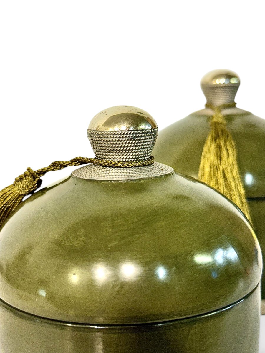 Pair Of Handcrafted Olive Green Ceramic Lidded Boxes, 20th Century-photo-5