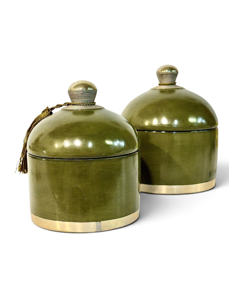 Pair Of Handcrafted Olive Green Ceramic Lidded Boxes, 20th Century-photo-7