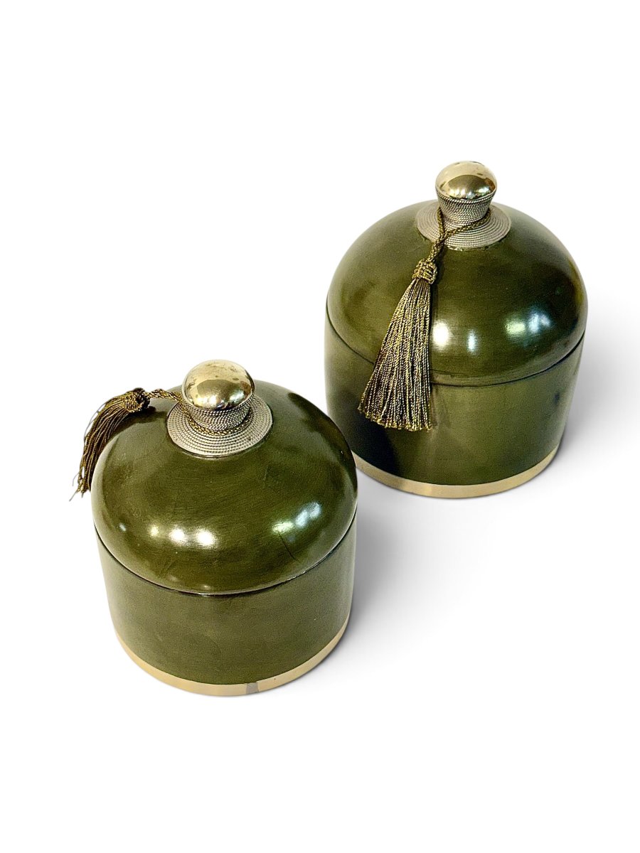 Pair Of Handcrafted Olive Green Ceramic Lidded Boxes, 20th Century-photo-8