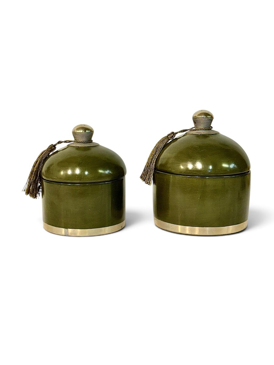 Pair Of Handcrafted Olive Green Ceramic Lidded Boxes, 20th Century