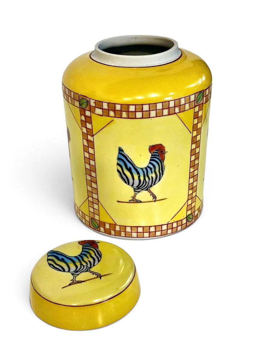 Hand-painted Yellow Ceramic Jar With Rooster Decoration, Mid-20th Century-photo-2