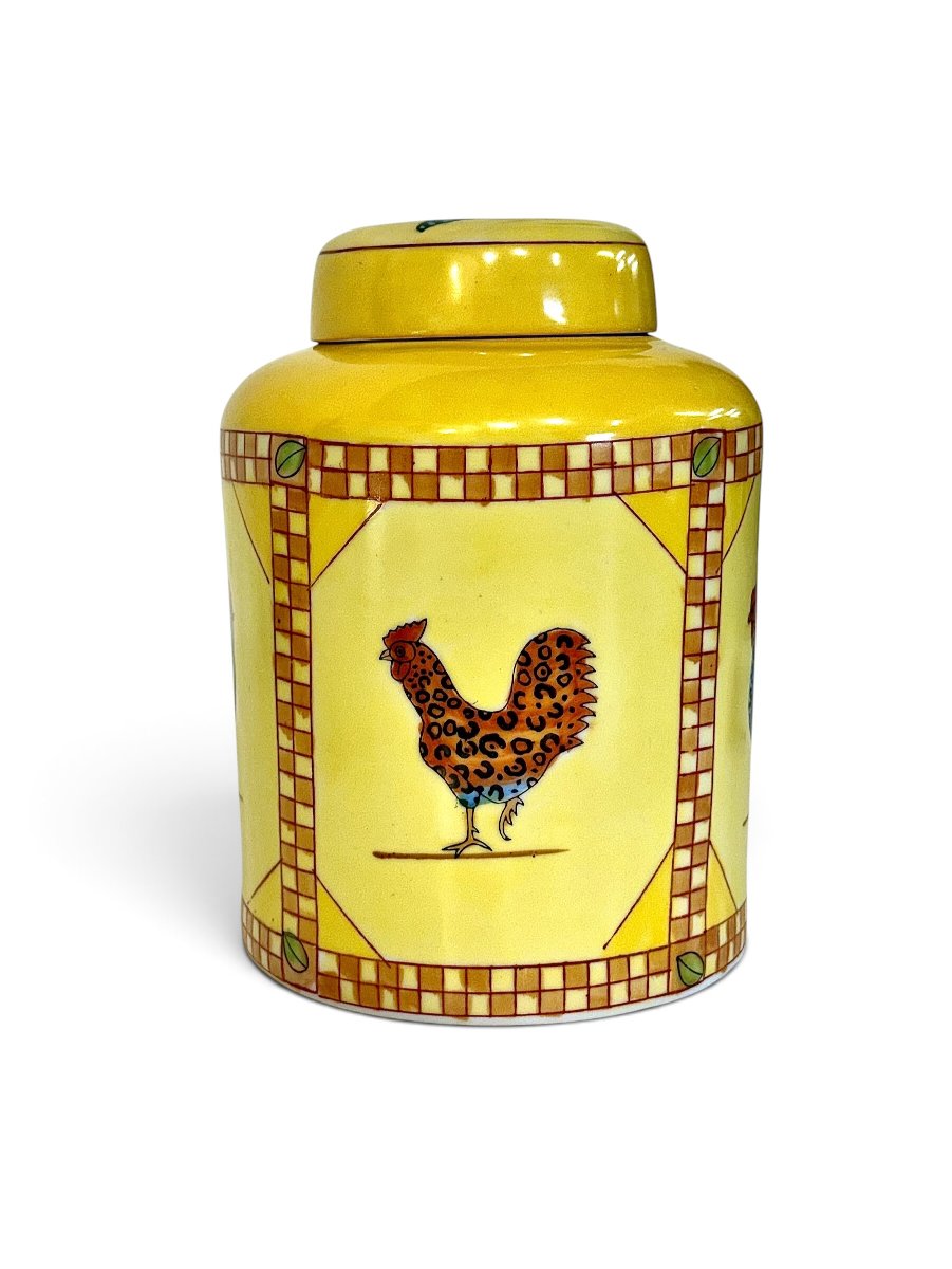 Hand-painted Yellow Ceramic Jar With Rooster Decoration, Mid-20th Century-photo-3