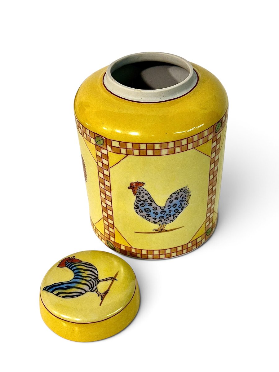 Hand-painted Yellow Ceramic Jar With Rooster Decoration, Mid-20th Century-photo-4