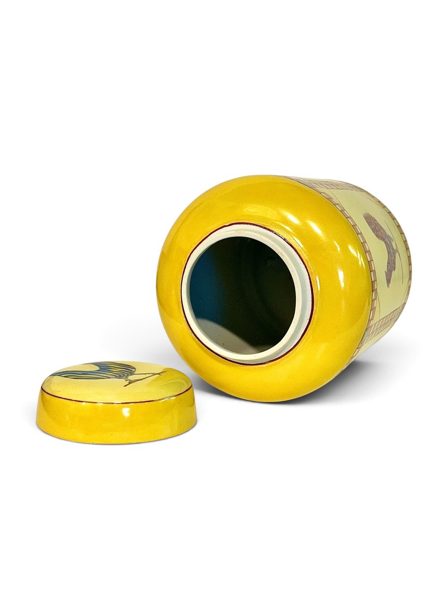 Hand-painted Yellow Ceramic Jar With Rooster Decoration, Mid-20th Century-photo-1