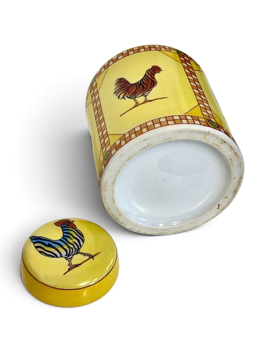 Hand-painted Yellow Ceramic Jar With Rooster Decoration, Mid-20th Century-photo-2