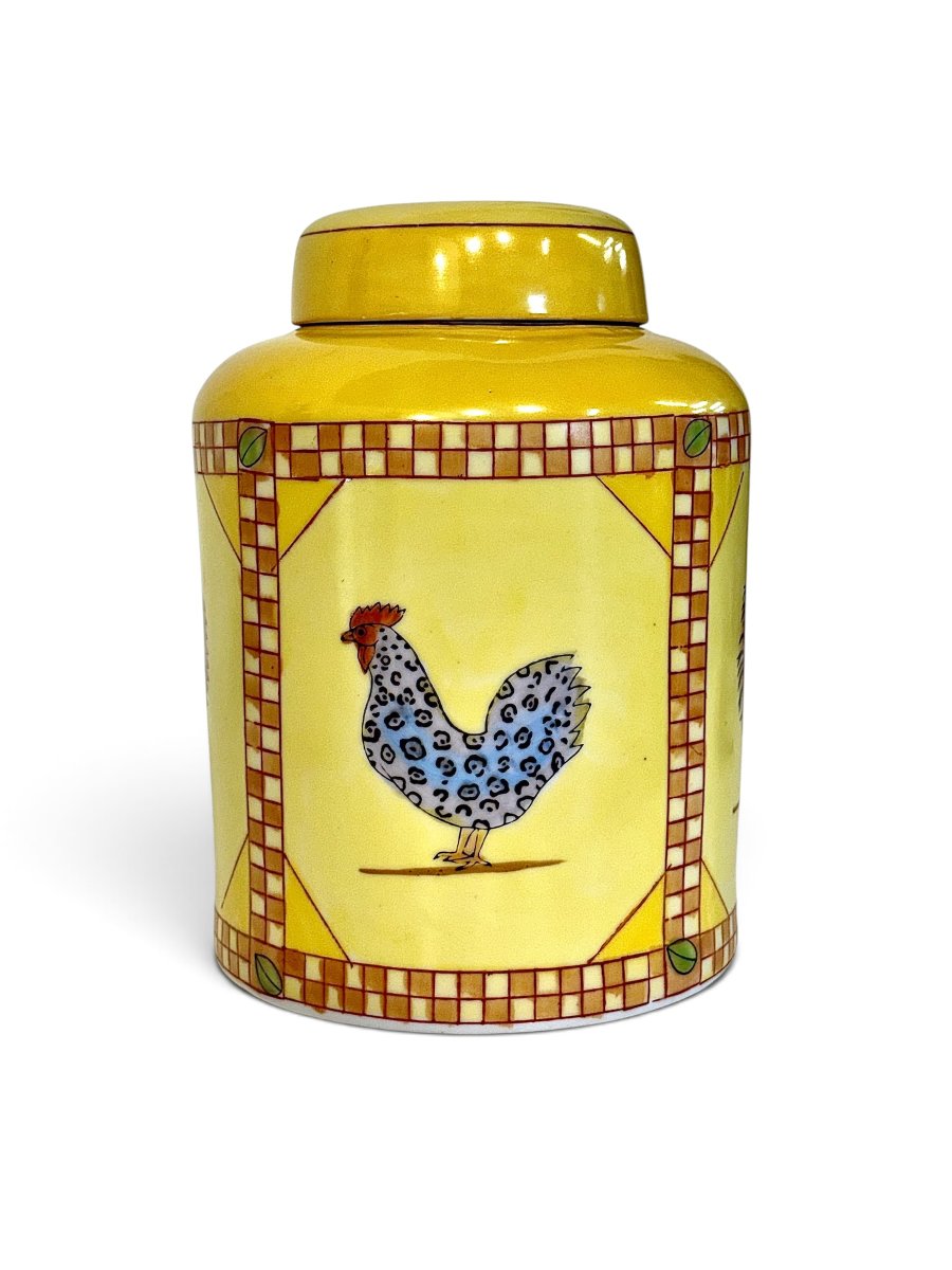 Hand-painted Yellow Ceramic Jar With Rooster Decoration, Mid-20th Century-photo-3