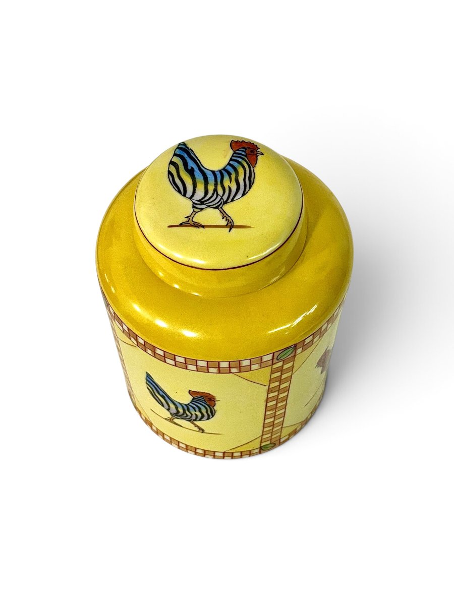 Hand-painted Yellow Ceramic Jar With Rooster Decoration, Mid-20th Century-photo-4