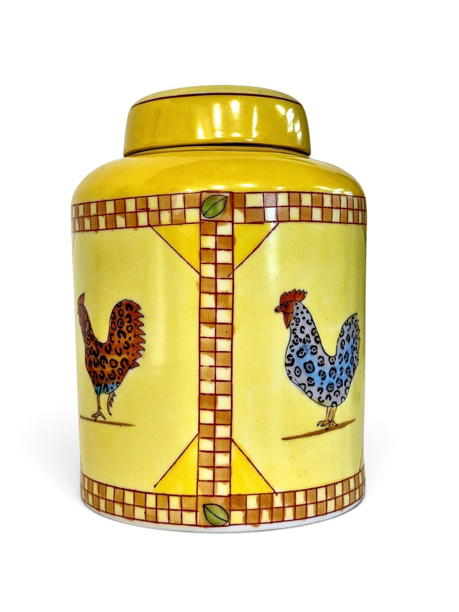 Hand-painted Yellow Ceramic Jar With Rooster Decoration, Mid-20th Century-photo-6