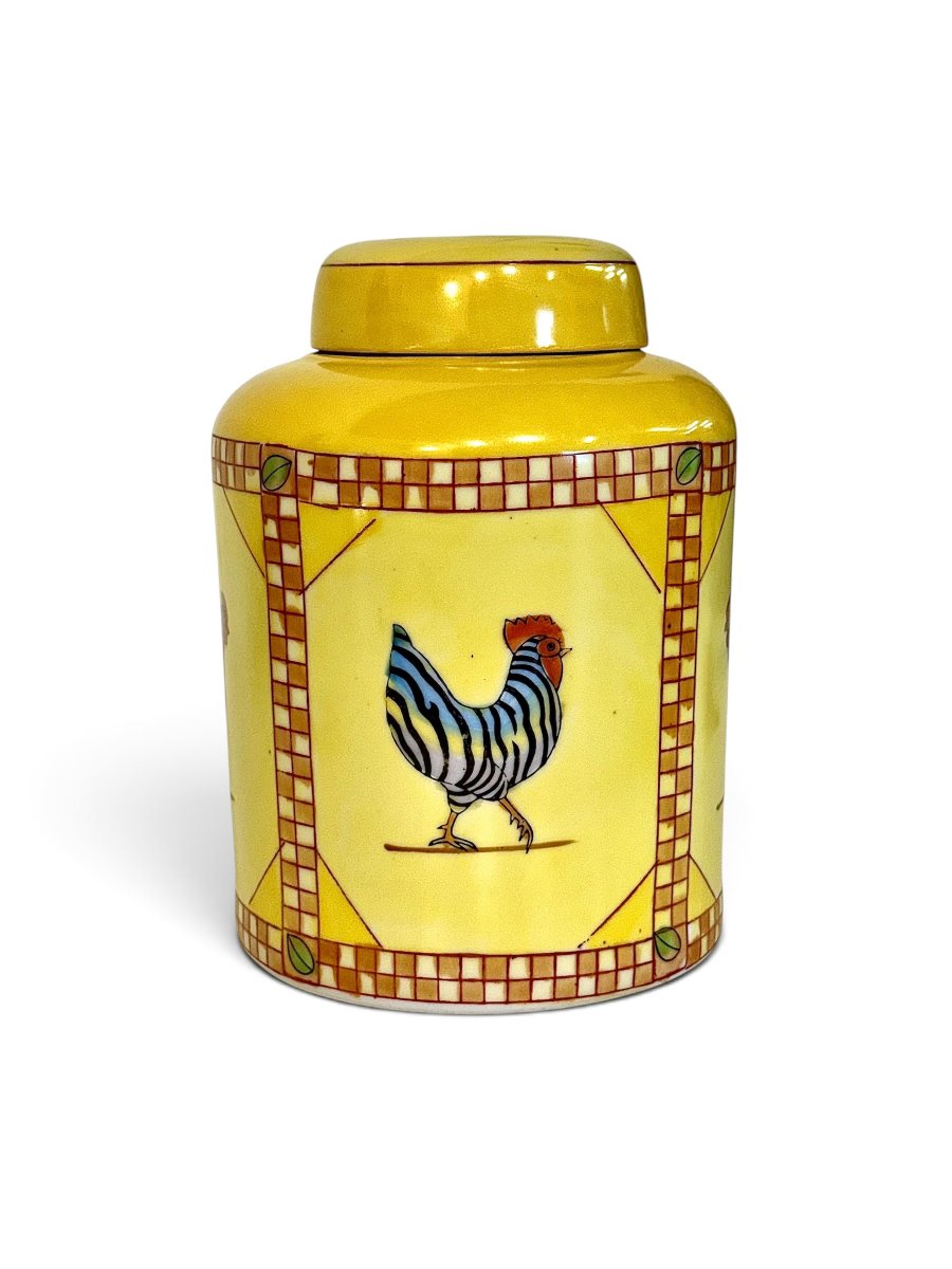 Hand-painted Yellow Ceramic Jar With Rooster Decoration, Mid-20th Century-photo-7