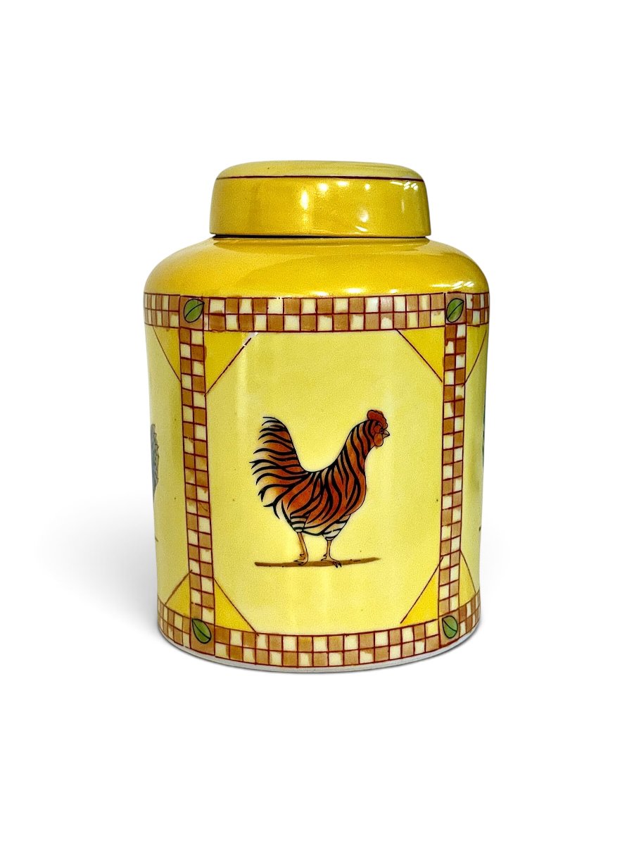 Hand-painted Yellow Ceramic Jar With Rooster Decoration, Mid-20th Century