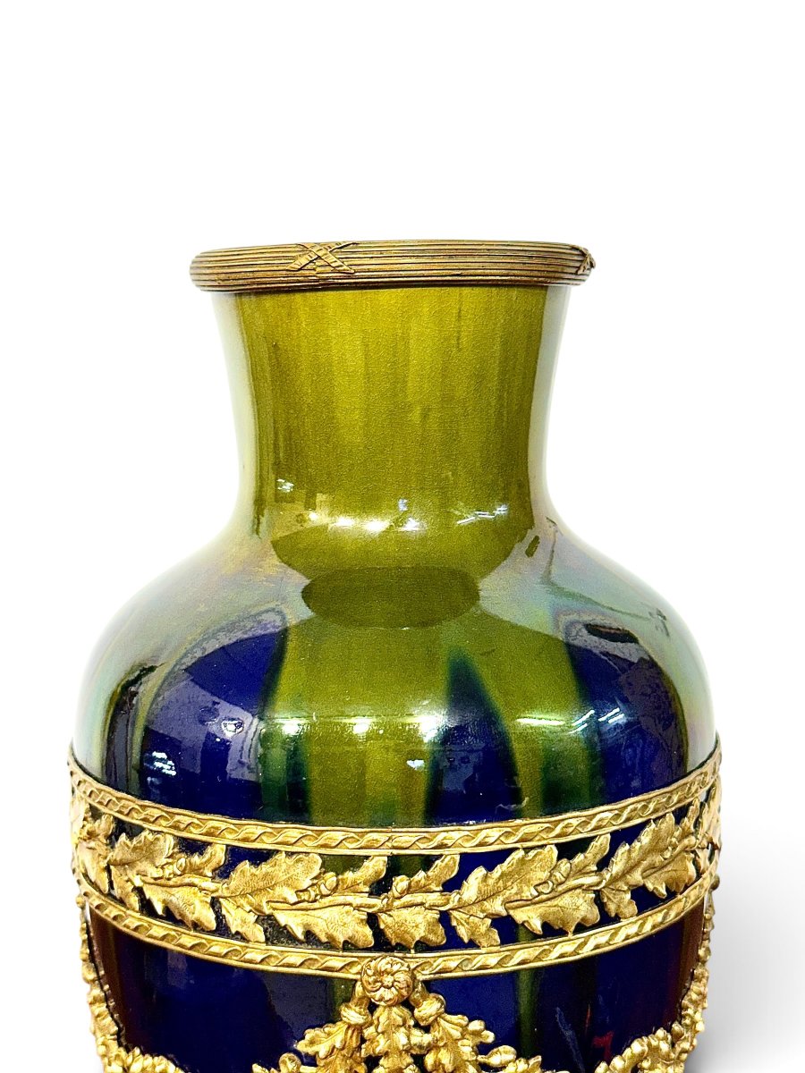 Vase en Céramique Bleu Cobalt et Bronze Doré, France, XIXe siècle-photo-3