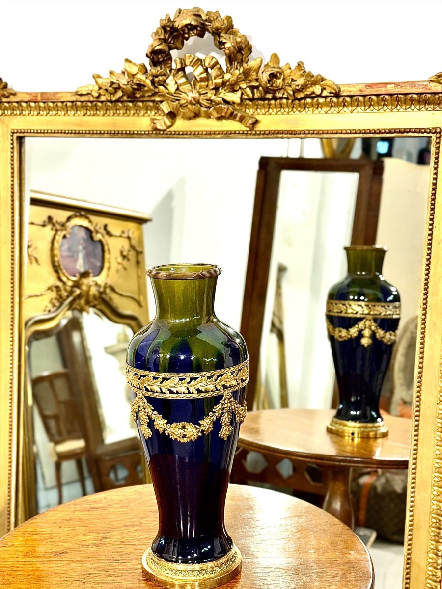 Vase en Céramique Bleu Cobalt et Bronze Doré, France, XIXe siècle-photo-2