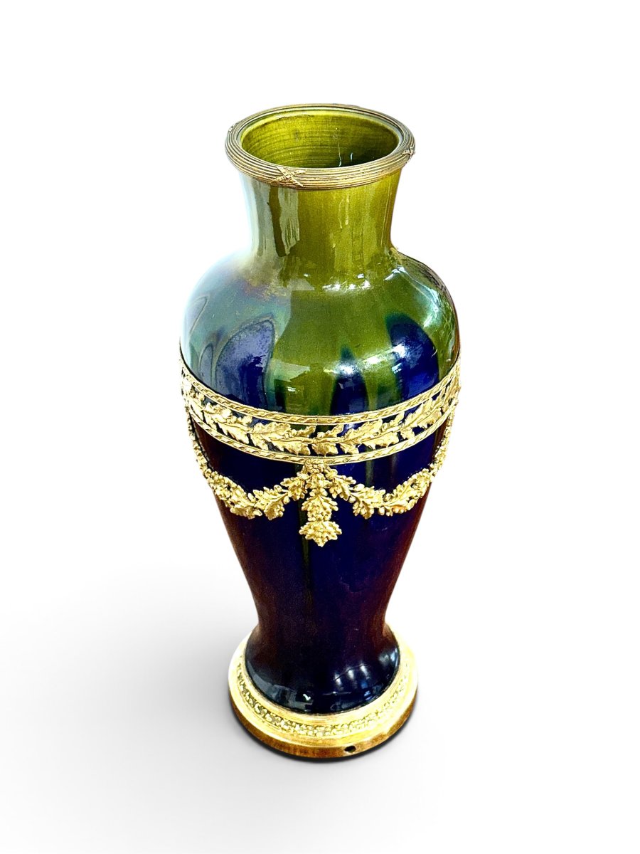 Vase en Céramique Bleu Cobalt et Bronze Doré, France, XIXe siècle-photo-4