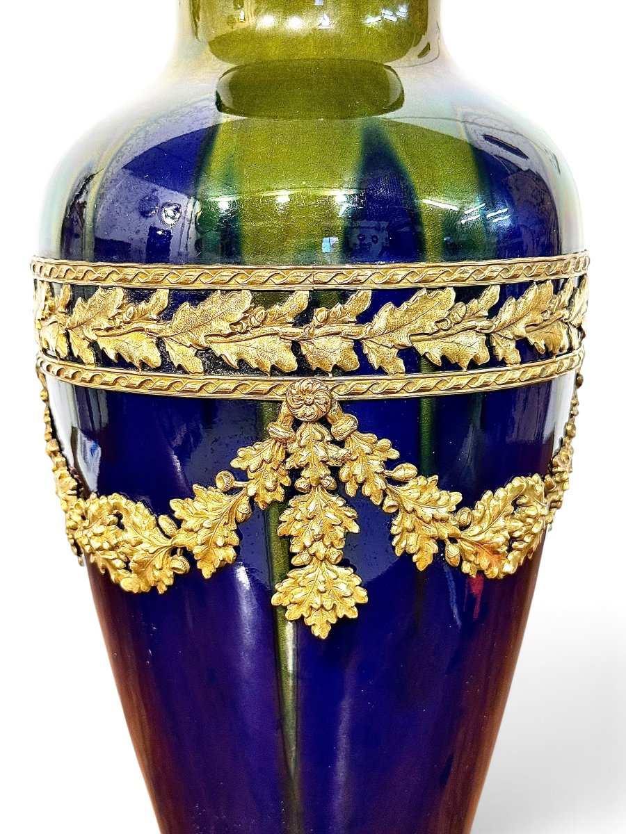 Vase en Céramique Bleu Cobalt et Bronze Doré, France, XIXe siècle-photo-5