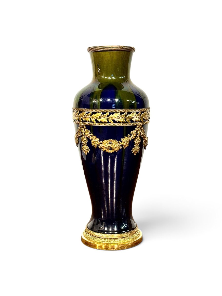 Vase en Céramique Bleu Cobalt et Bronze Doré, France, XIXe siècle-photo-7
