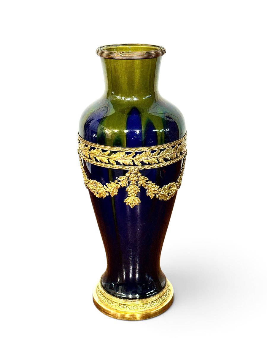 Vase en Céramique Bleu Cobalt et Bronze Doré, France, XIXe siècle