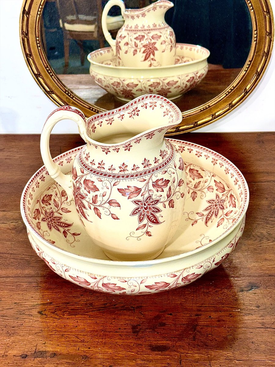 French Sarreguemines Burgos Wash Basin And Pitcher Set, Circa 1900-photo-2