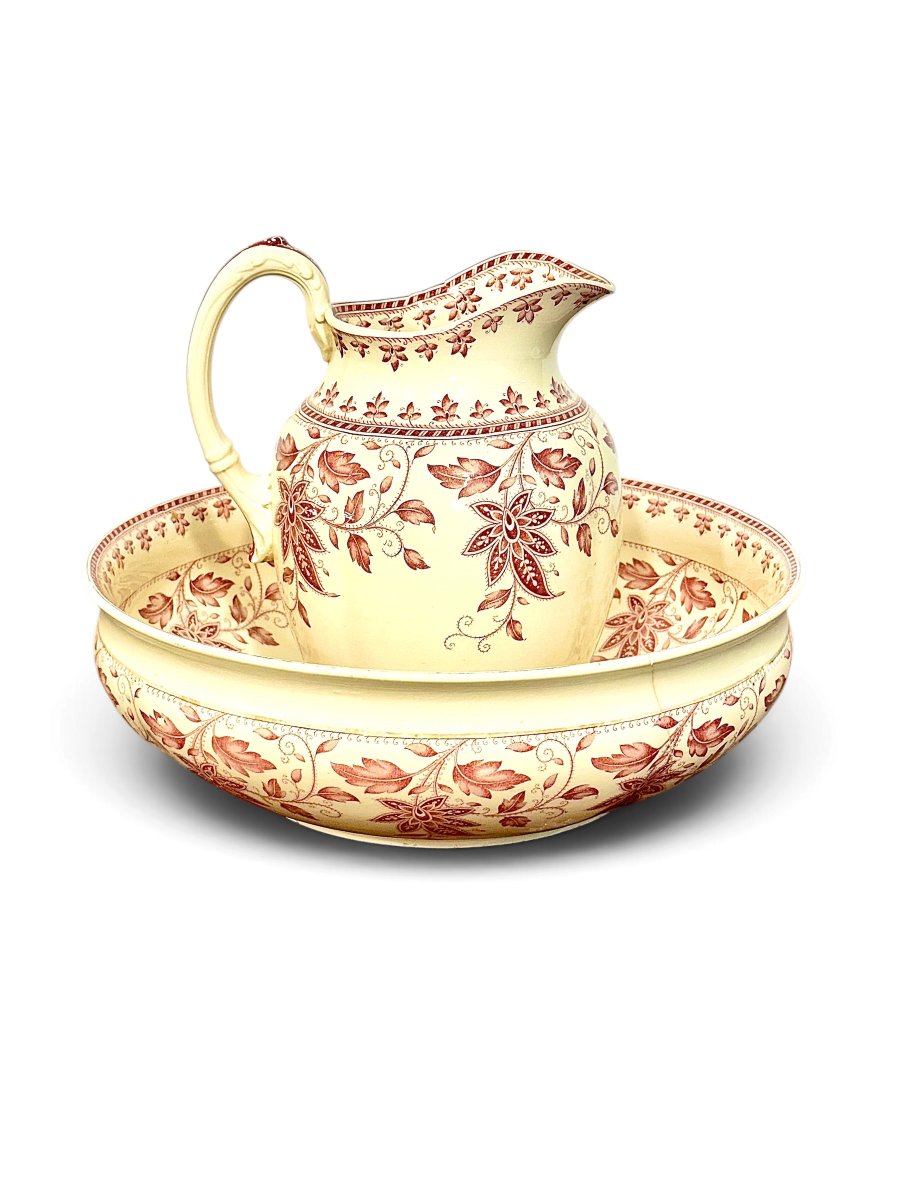 French Sarreguemines Burgos Wash Basin And Pitcher Set, Circa 1900-photo-7