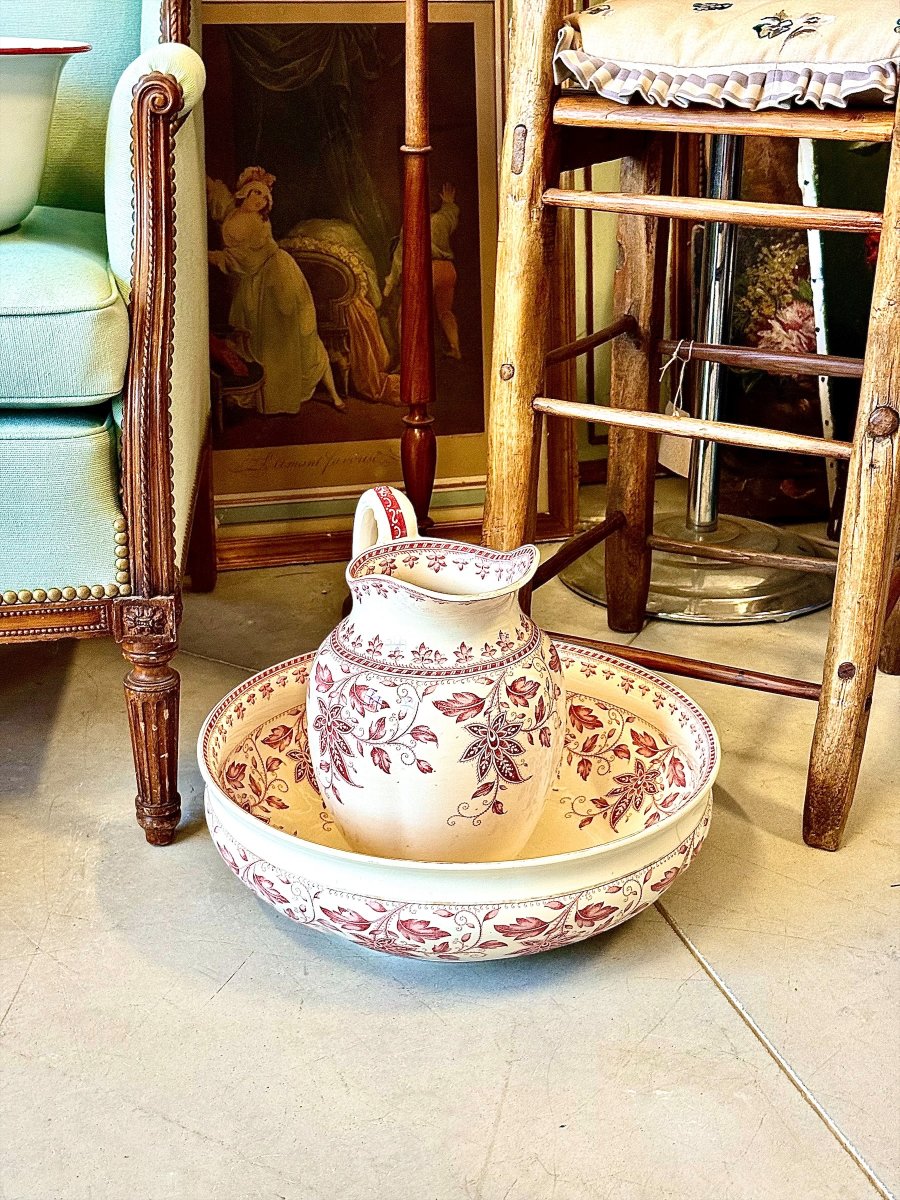 French Sarreguemines Burgos Wash Basin And Pitcher Set, Circa 1900-photo-8