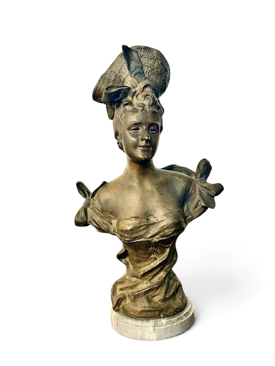 French Patinated Bronze Bust Of A Lady, Signed R.g., Late 19th Century