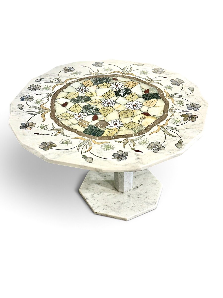 Samperi 1986 Marble And Hardstone Marquetry Pedestal Table