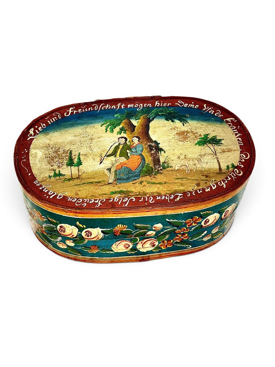 19th Century Austrian Folk Art Painted Wooden Marriage Box